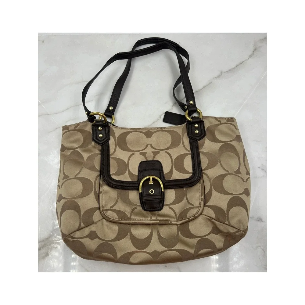 Coach Campbell Signature Belle Carryall Tote Tan Brown Leather Trim Tote